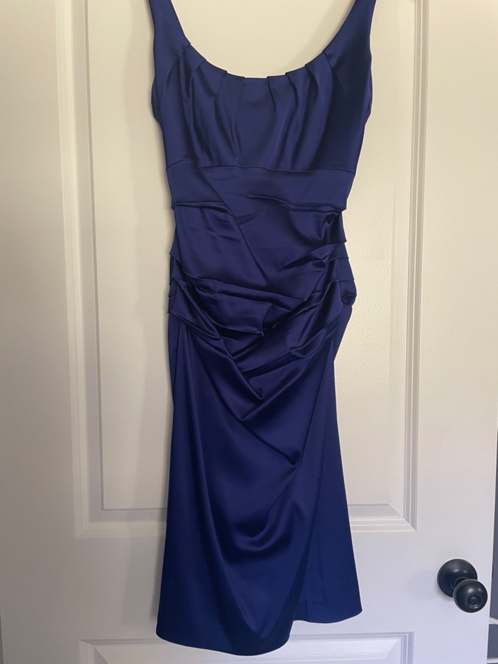 Satin Scoop Neck Ruched Midi Dress - Indigo
